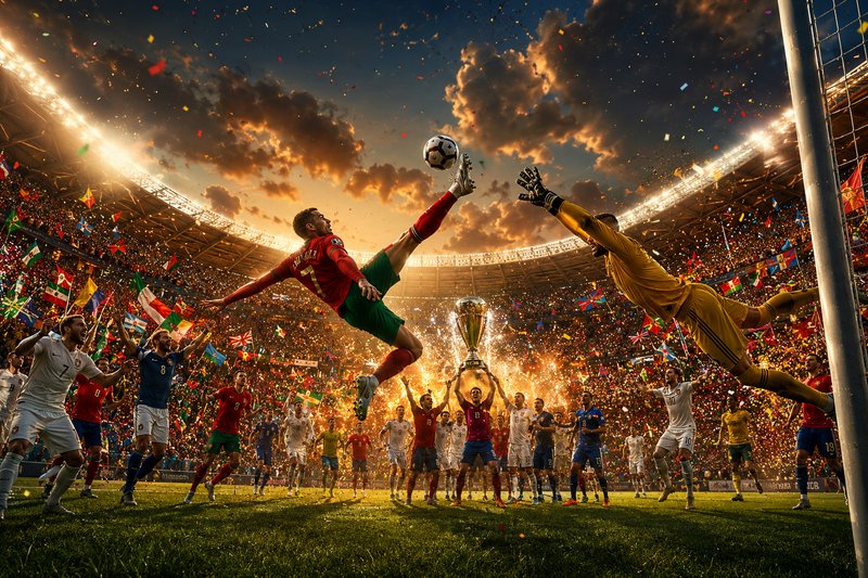 Forward soccer player in red shoots toward goal as goalie dives near celebratory stadium crowd at...