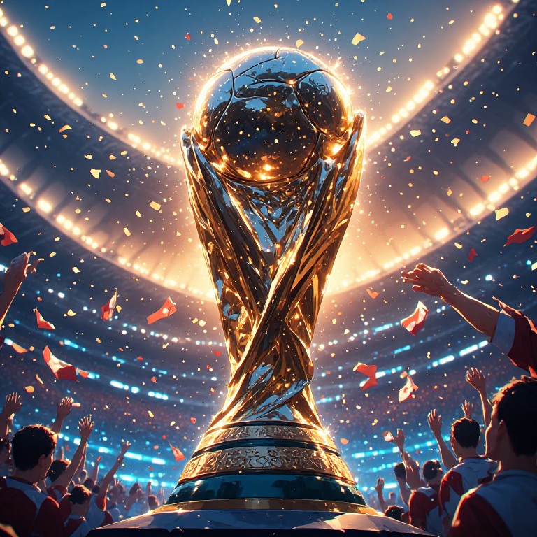 Golden trophy held up in a stadium amidst confetti and cheering fans.