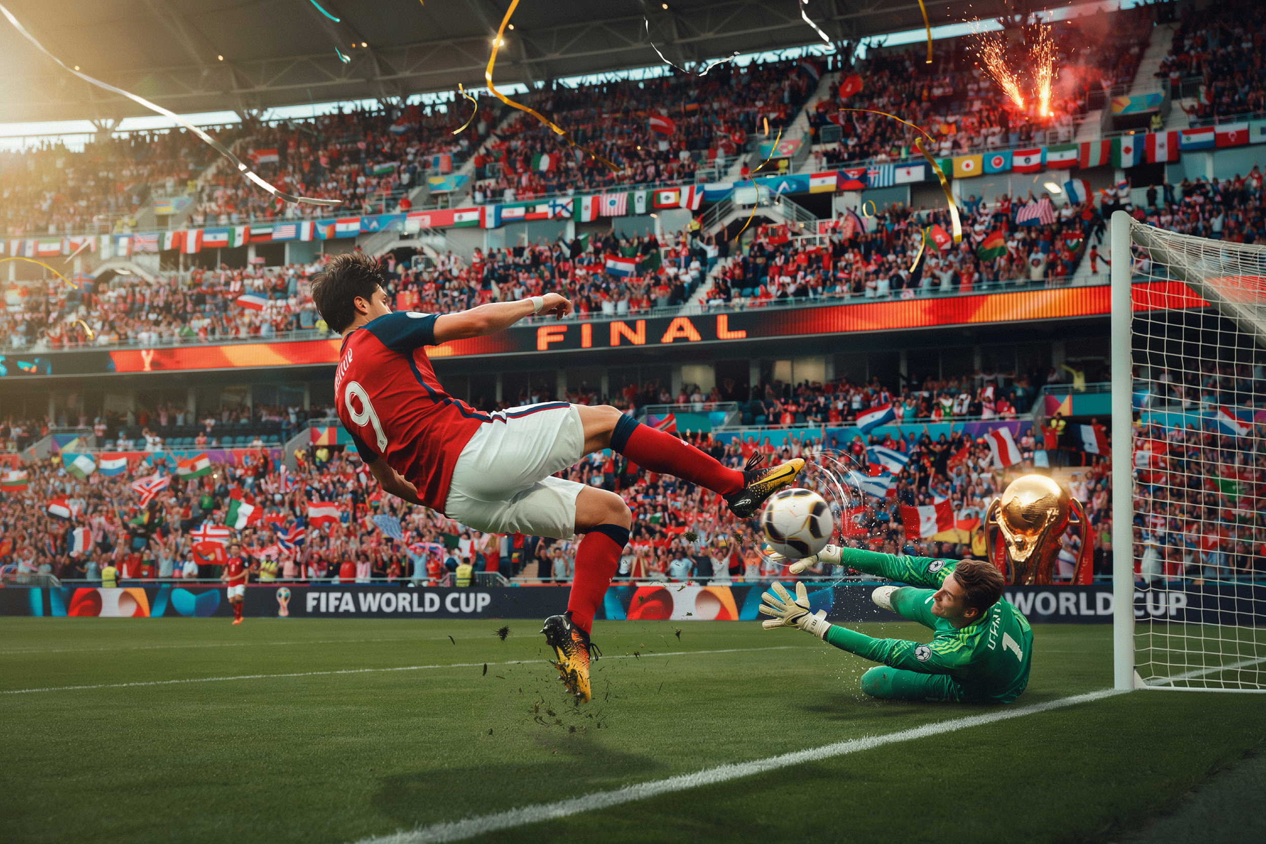 Player in red jersey shoots as the goalkeeper dives to save in a FIFA World Cup final stadium.