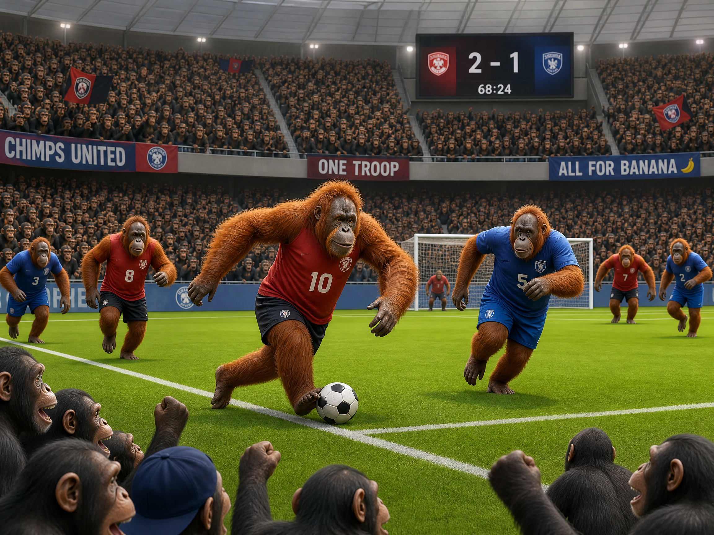 Orange orangutans playing soccer on a stadium field with a cheering crowd.