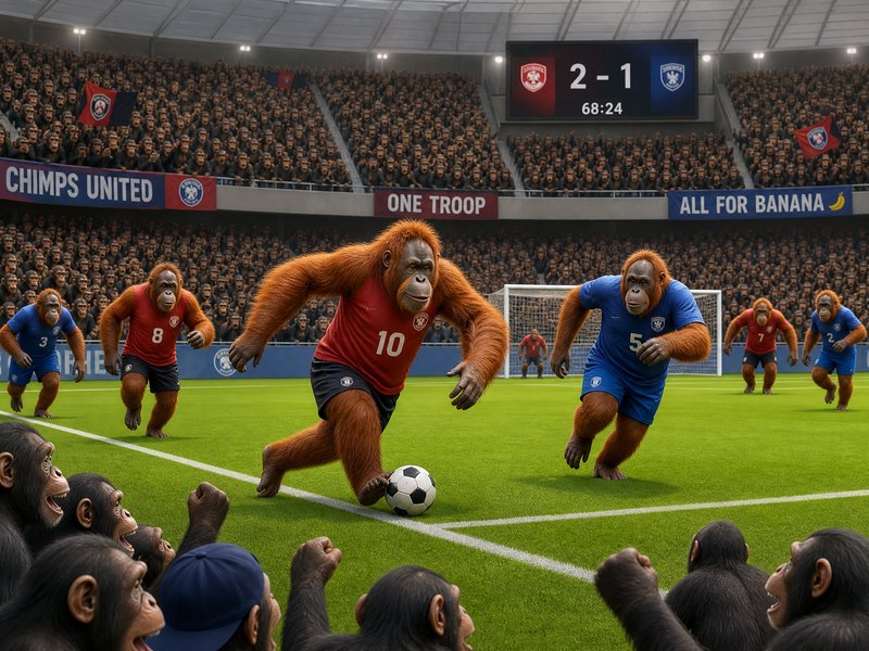 Orange orangutans playing soccer on a stadium field with a cheering crowd.