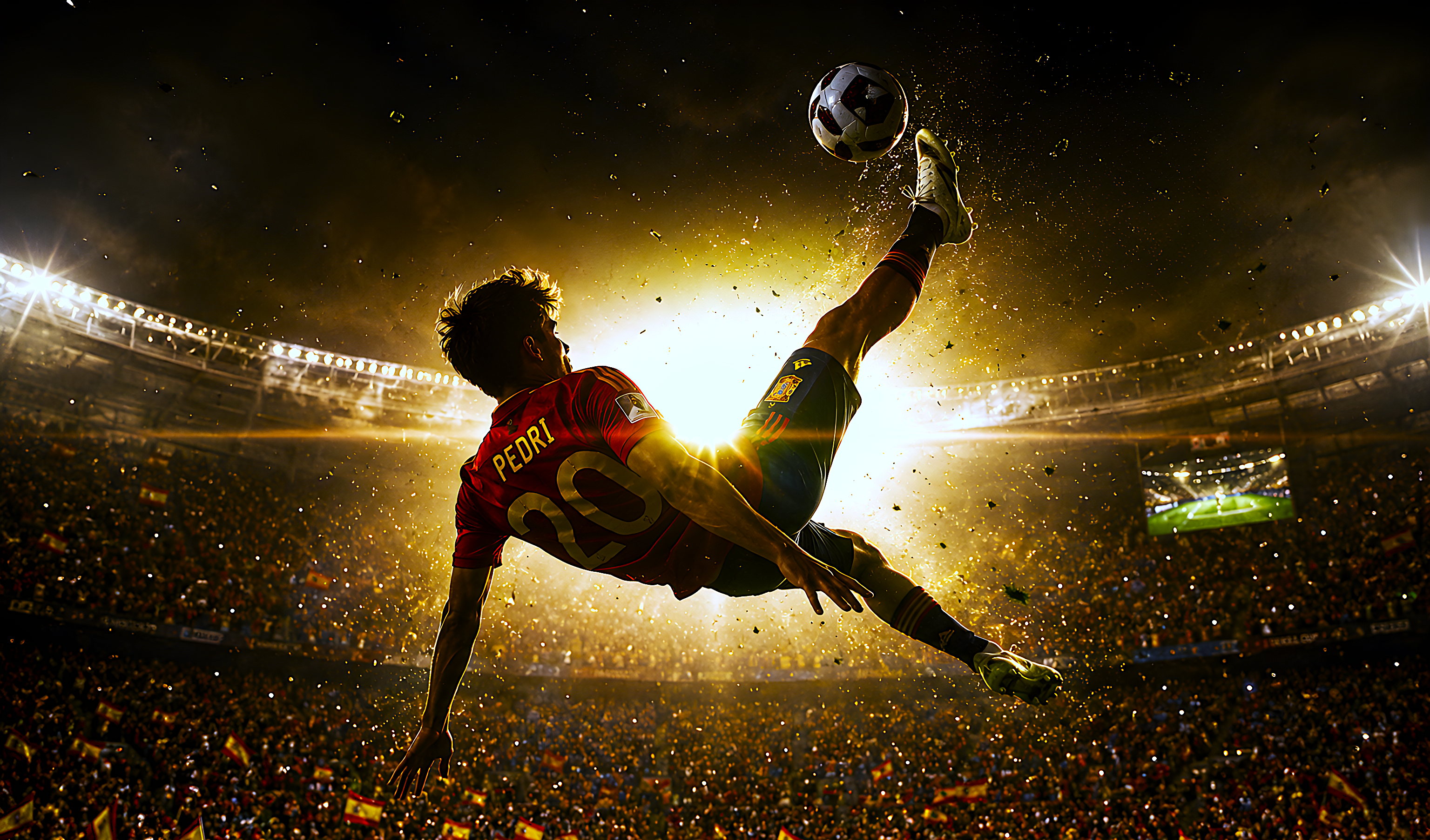 Soccer player in red jersey leaps with an extended kick toward the ball in a packed stadium at night.