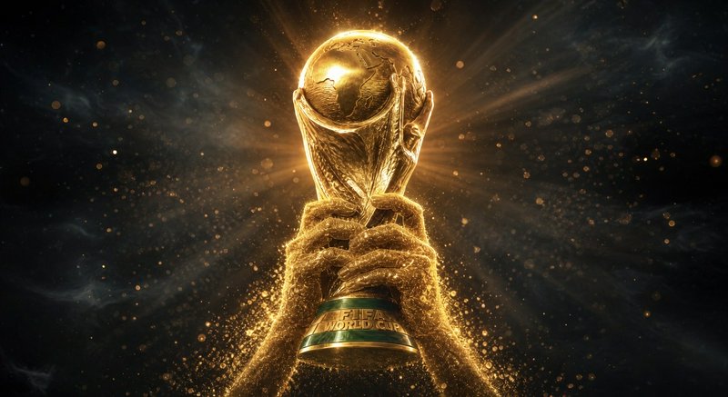 Golden World Cup trophy lifted by sparkling, glimmering hands.