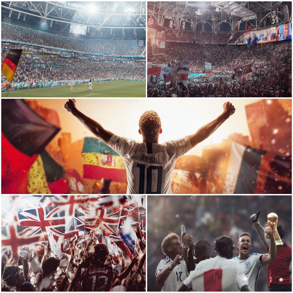 Collage of soccer stadiums and fans cheering with flags and celebrating players.