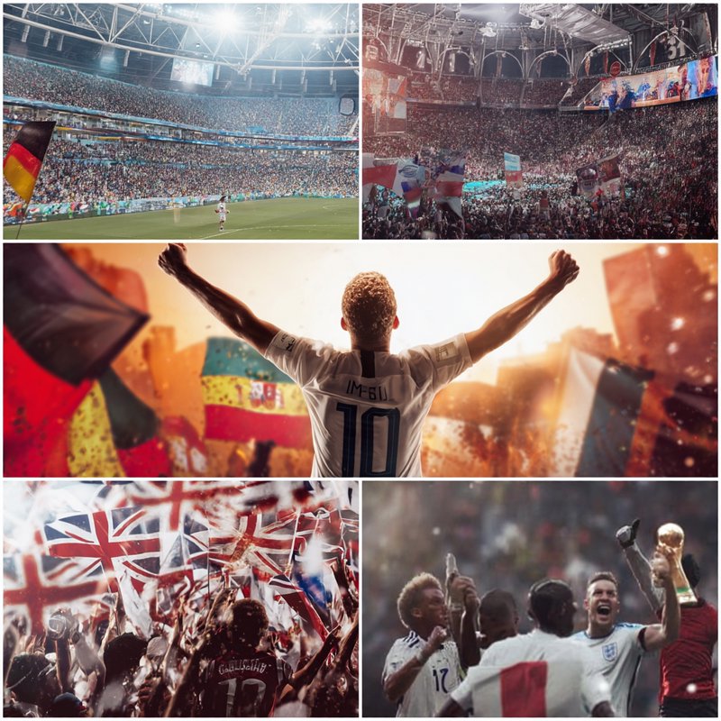 Collage of soccer stadiums and fans cheering with flags and celebrating players.