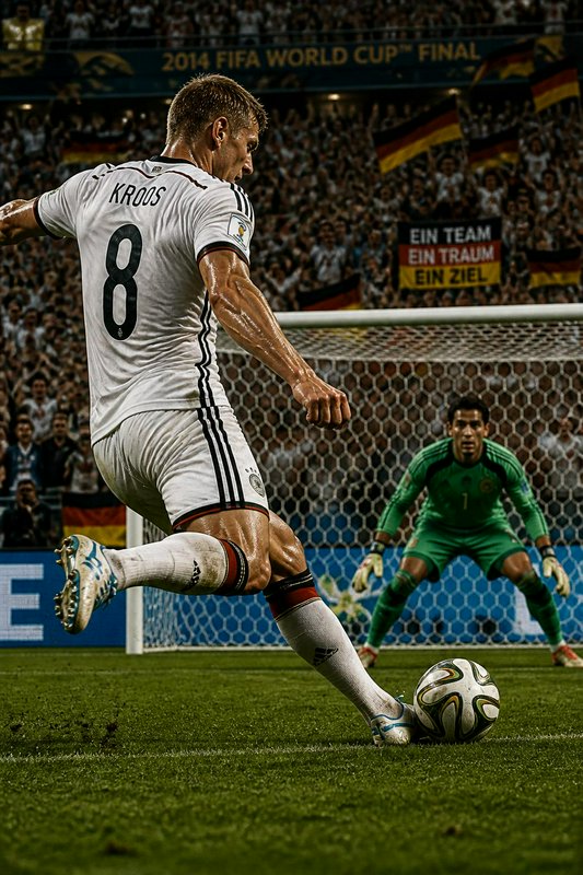 Toni Kroos (#8) of Germany kicks the ball toward the goal in a World Cup Final scene.