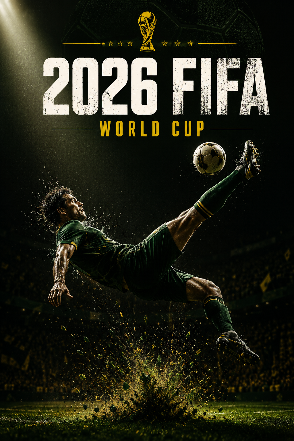 Soccer player in a green kit delivering a high kick with the ball in a stadium, 2026 FIFA World Cup poster.