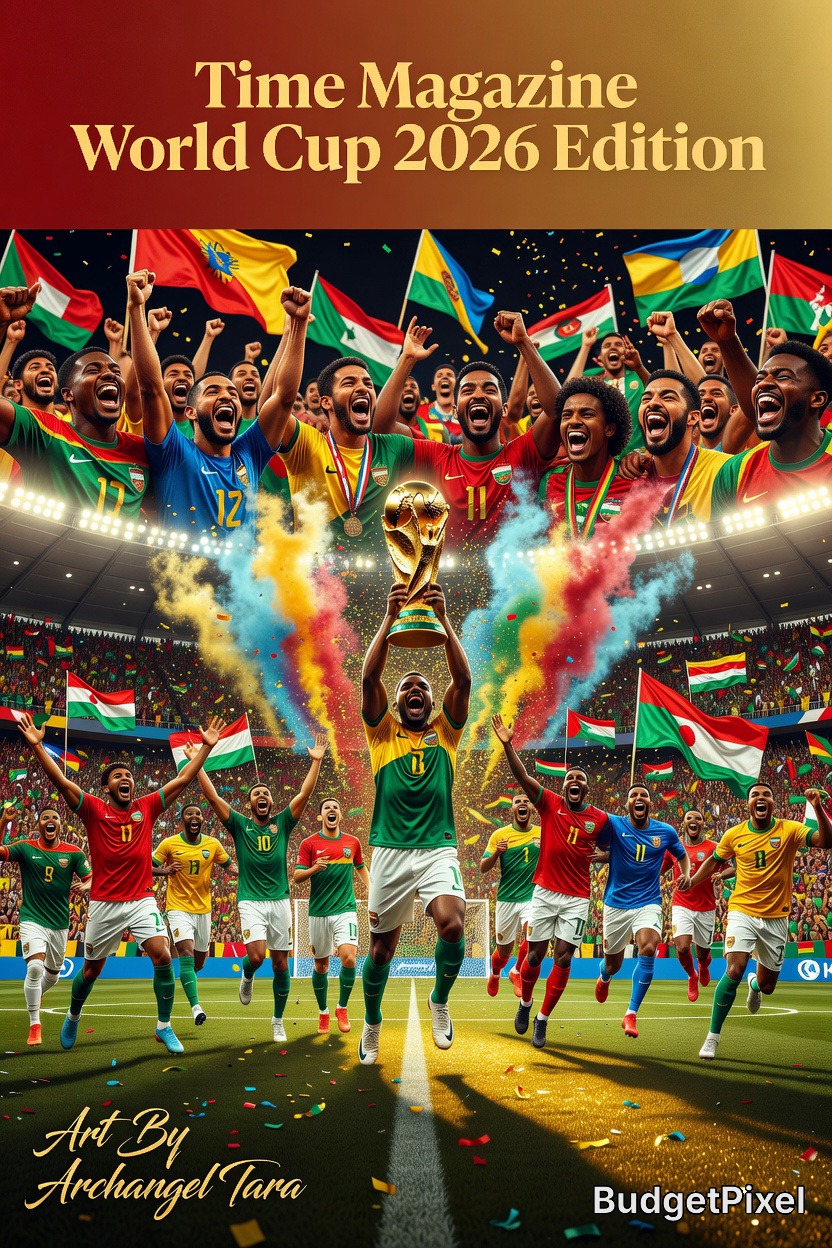 Celebration of a soccer team lifting a trophy in a packed stadium with flags and confetti