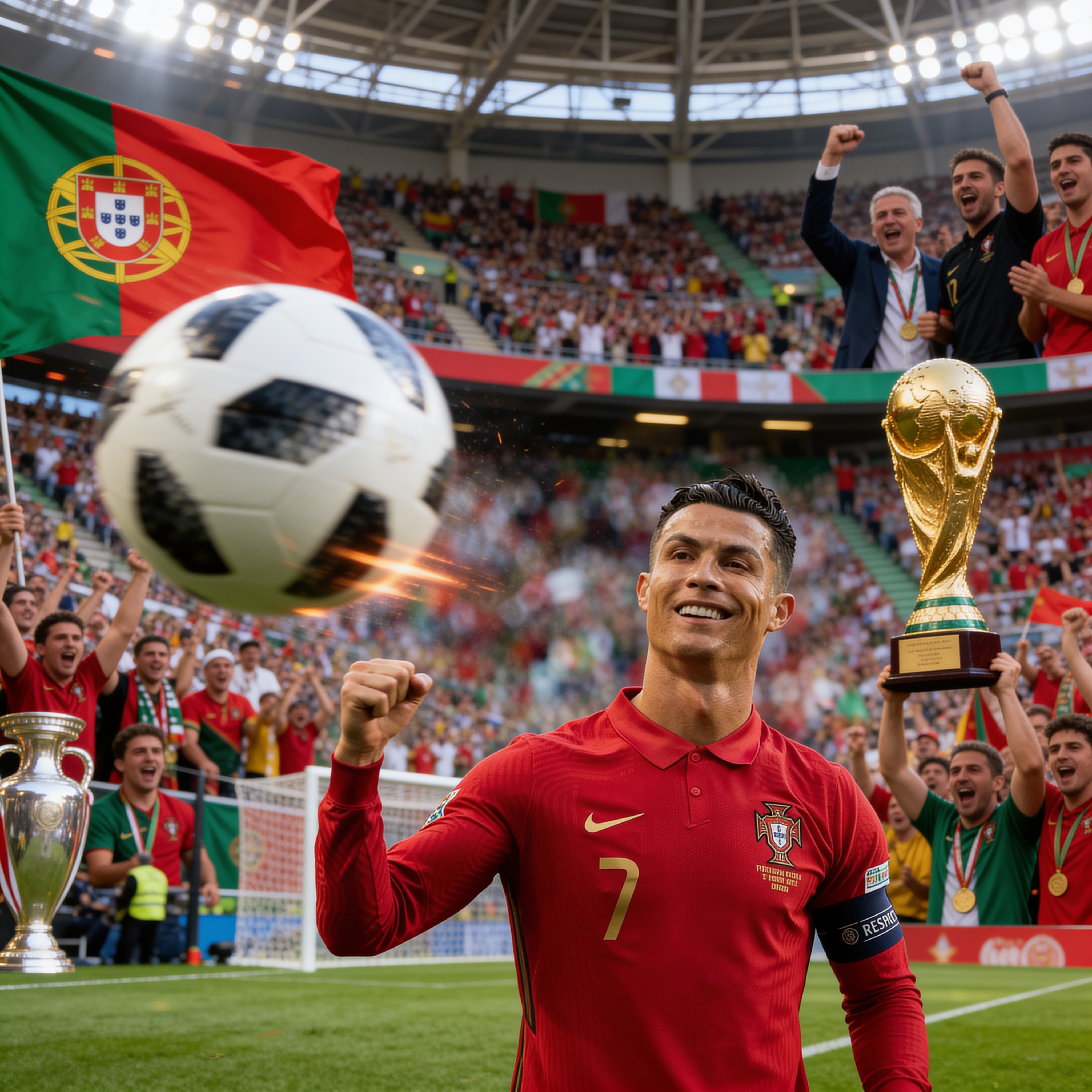 Cristiano Ronaldo in Portugal jersey celebrating with trophy in a packed stadium.