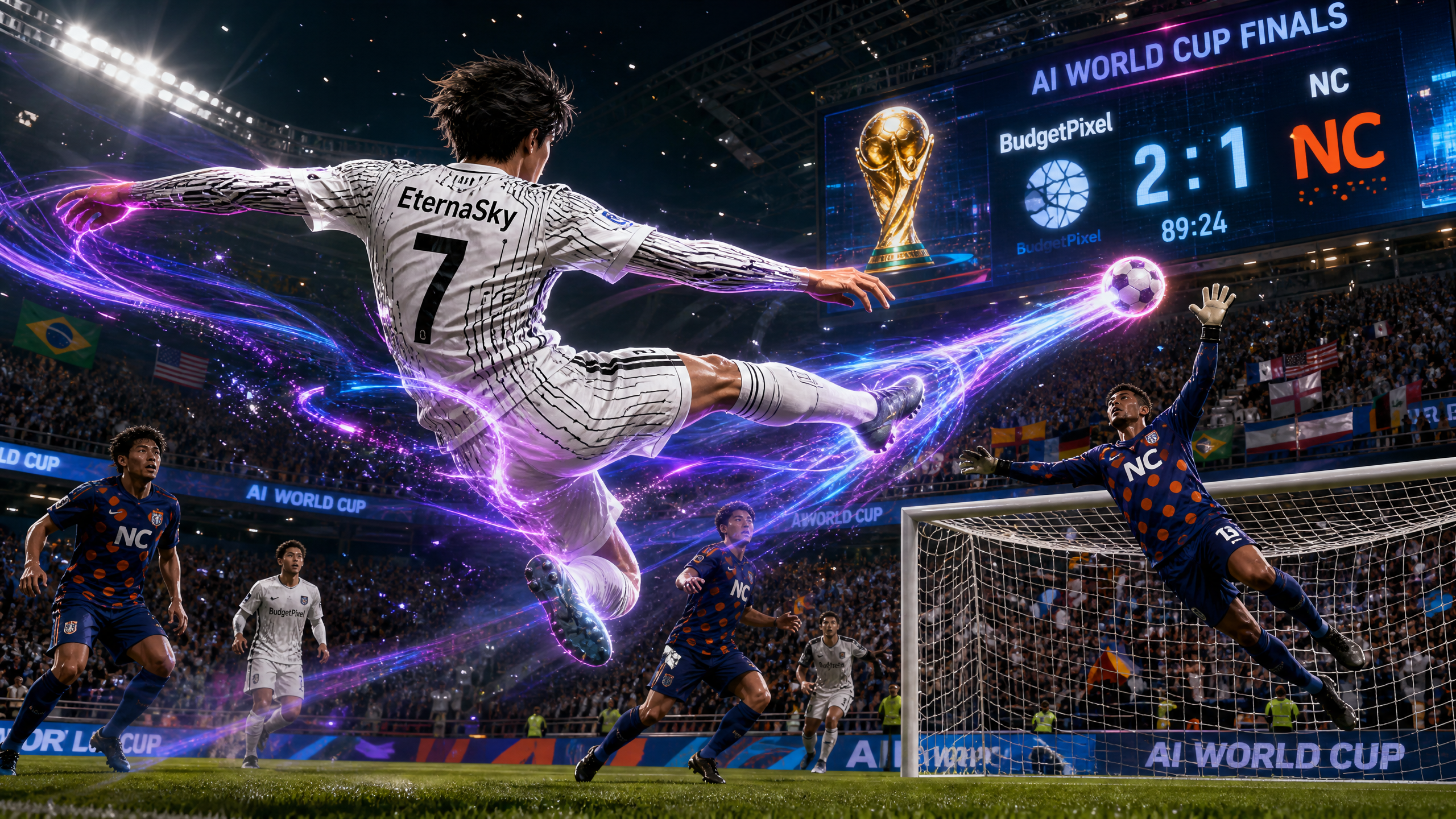 Soccer player in white jersey #7 kicks the ball toward goal with neon purple energy trails in a packed stadium.
