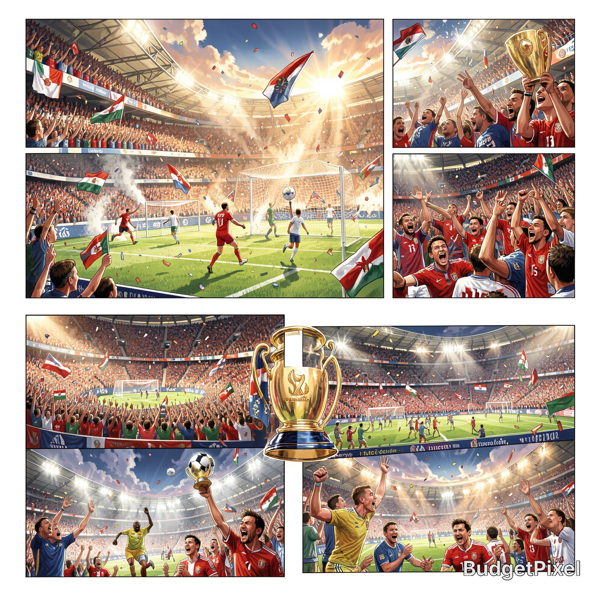 Collage of soccer stadiums and players celebrating with flags and a golden trophy.