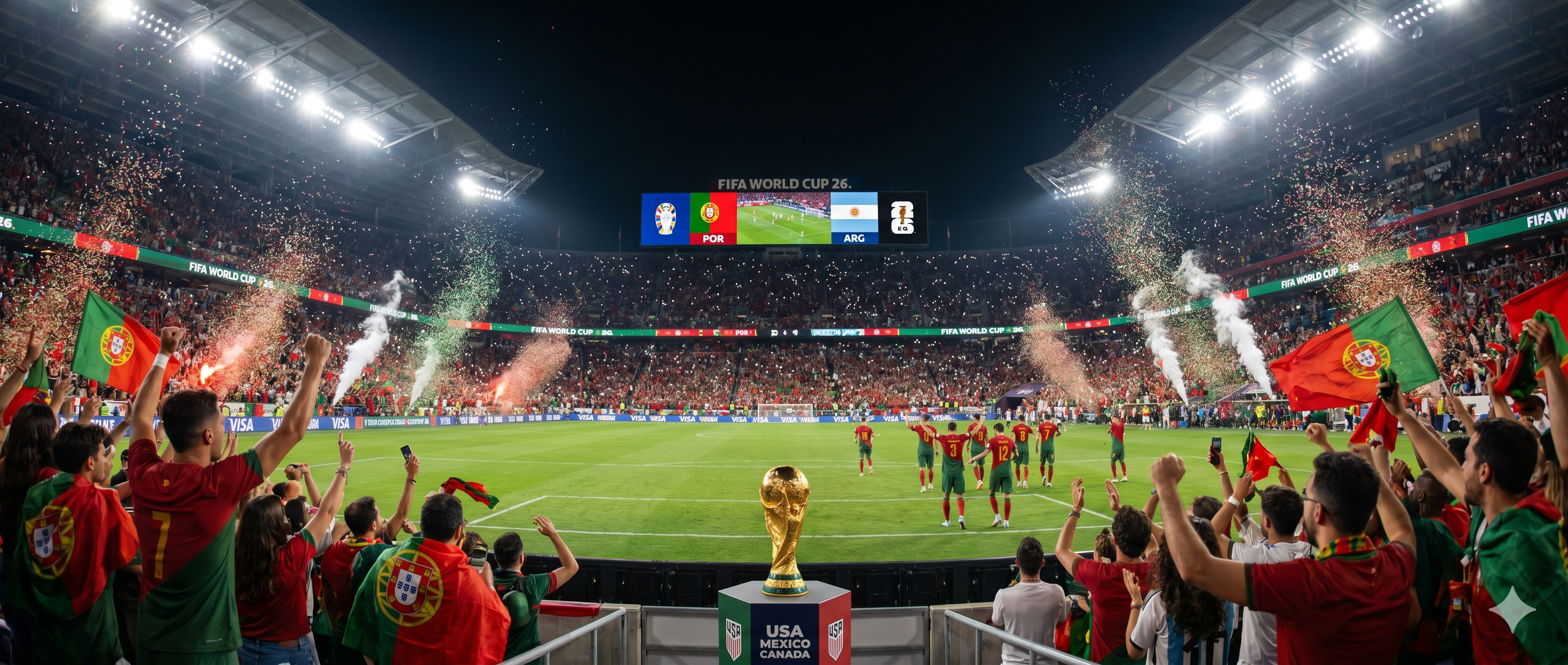 Portuguese fans celebrate at a night FIFA World Cup stadium with a trophy centerpiece and confetti.