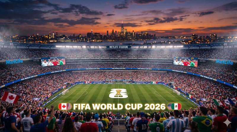 Packed MetLife Stadium full of fans for FIFA World Cup 2026 opening match at sunset.