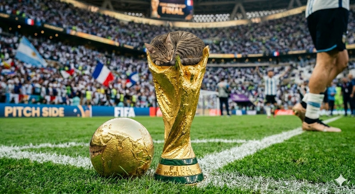 Gold FIFA World Cup trophy with a cat perched on top on a football pitch.
