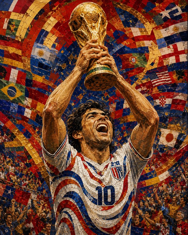 Mosaic-style soccer player in US jersey lifting a trophy amid colorful flags and crowd.