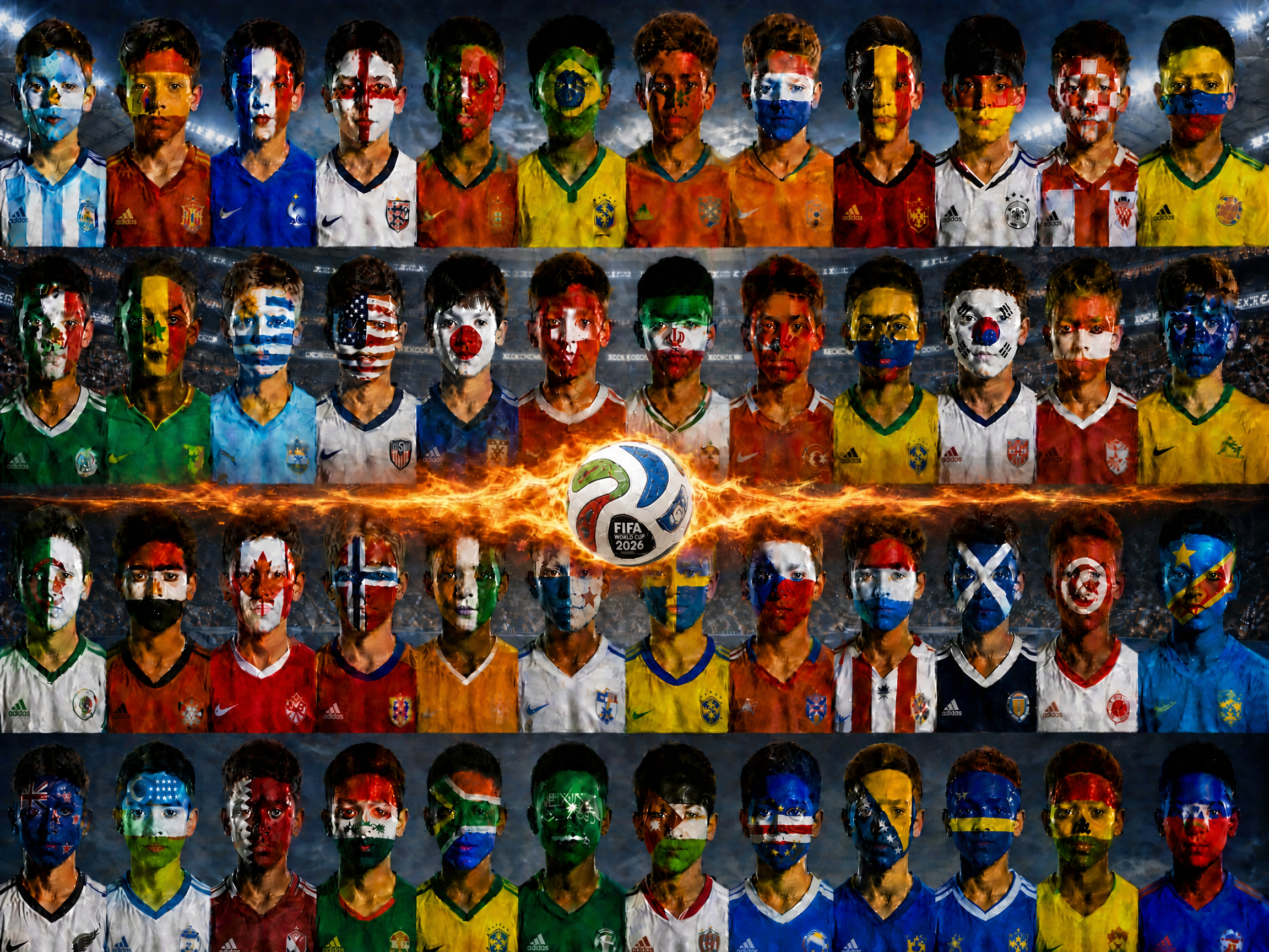 Collage of international football players with national flags painted on their faces surrounding a fiery FIFA World Cup 20...