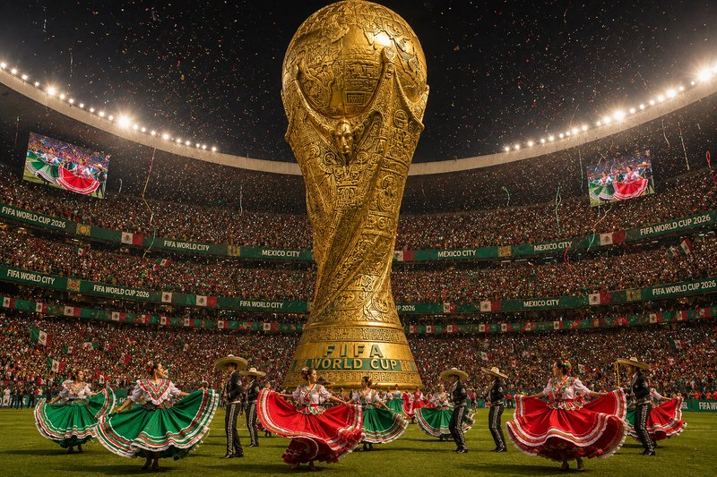 FIFA World Cup 2026 trophy centerpiece on the field with dancers in colorful costumes surrounding it