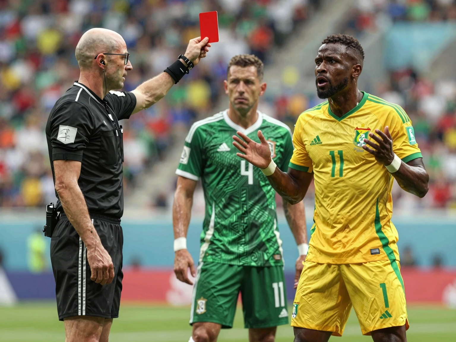 Soccer referee showing a red card to a Brazilian player during a match.