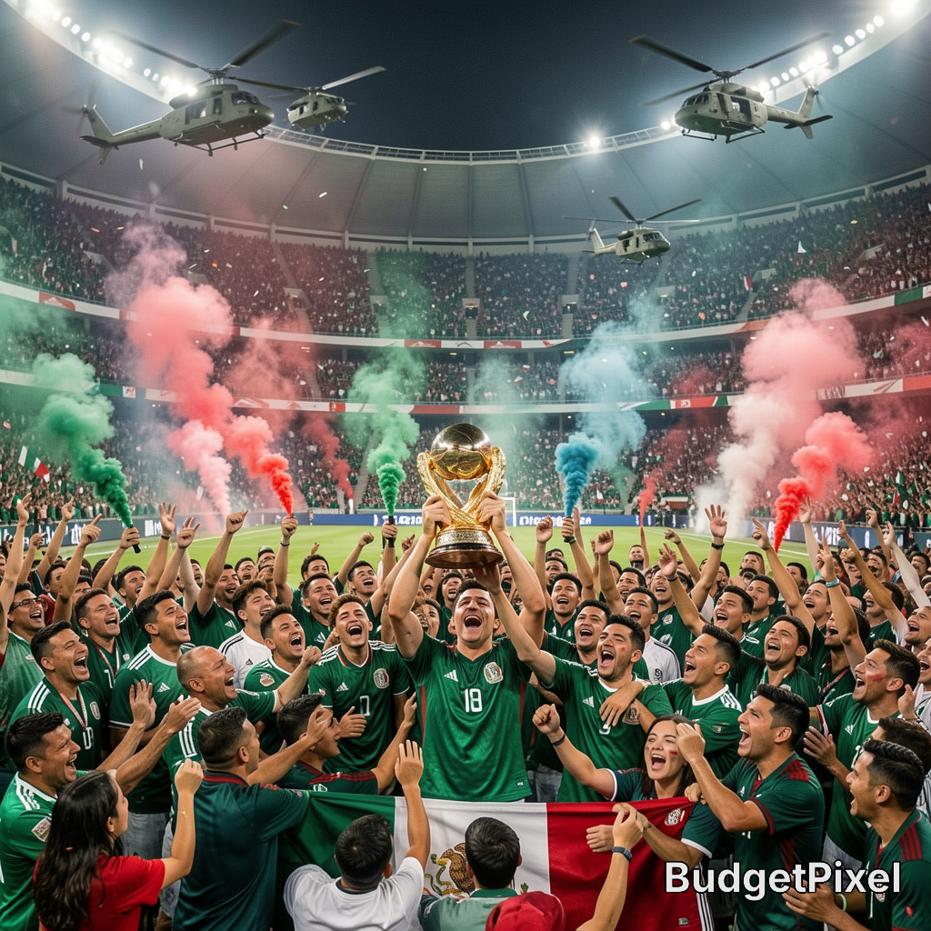 Mexico national football team lifts the championship trophy amid colorful smoke in a packed stadium.