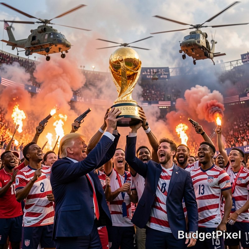 Celebrating soccer team lifts a large golden trophy amid fireworks and helicopters above the stad...