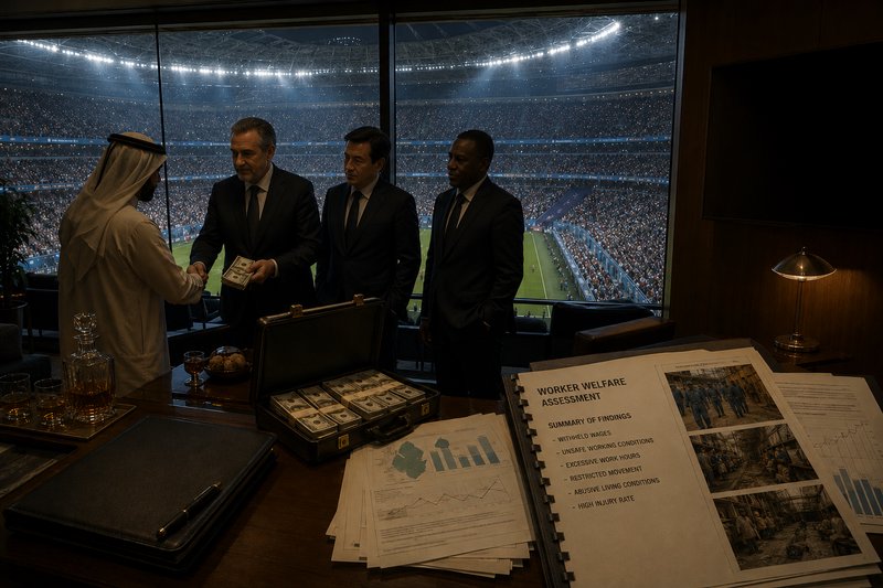 Businessmen shake hands with a man in traditional attire in a stadium luxury box; money and docum...