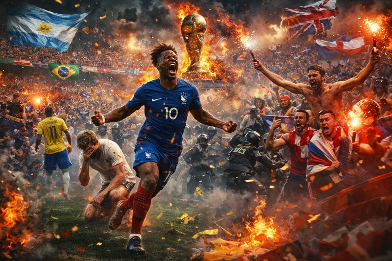 A soccer player in a blue jersey with number 10 celebrates amid a fiery, chaotic stadium scene wi...