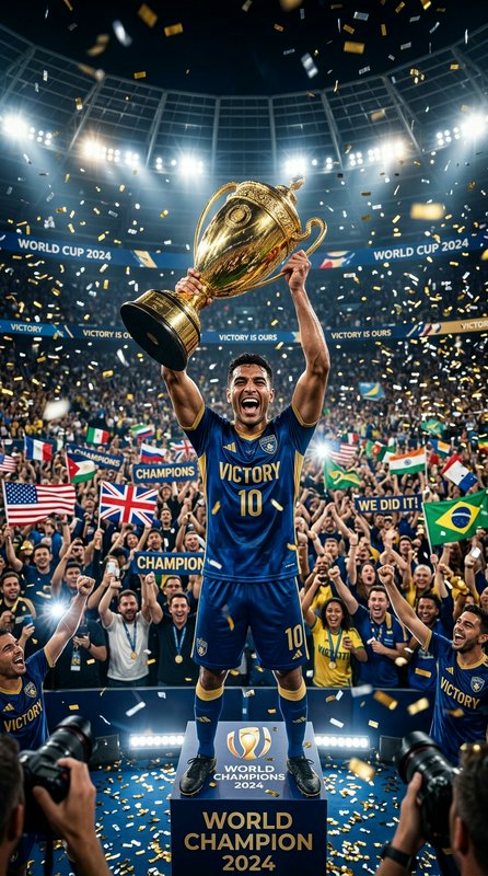 Soccer player lifts World Cup trophy on podium amid confetti and cheering crowd