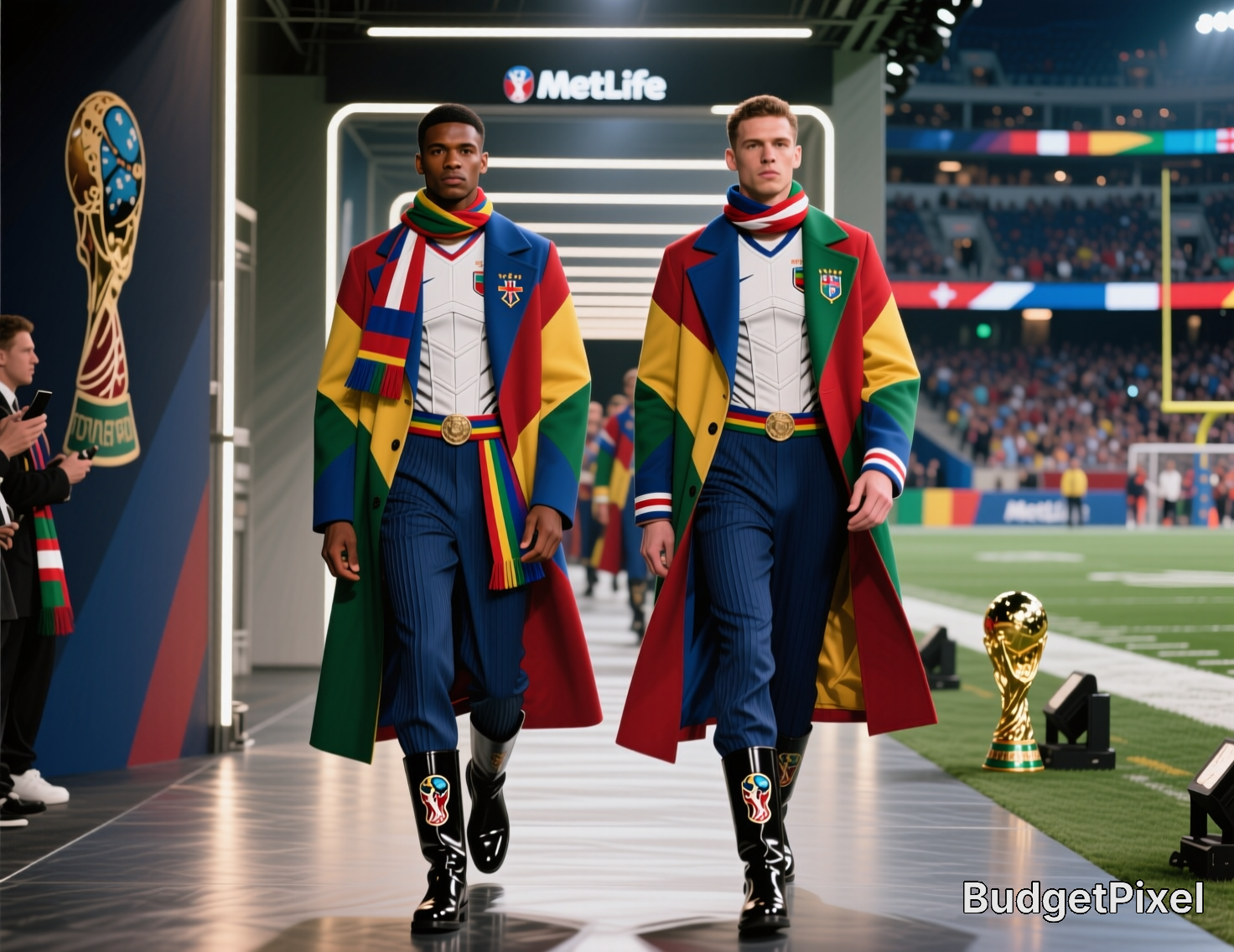 Two models in vibrant patchwork capes walk a stadium runway with the World Cup trophy visible on the field.
