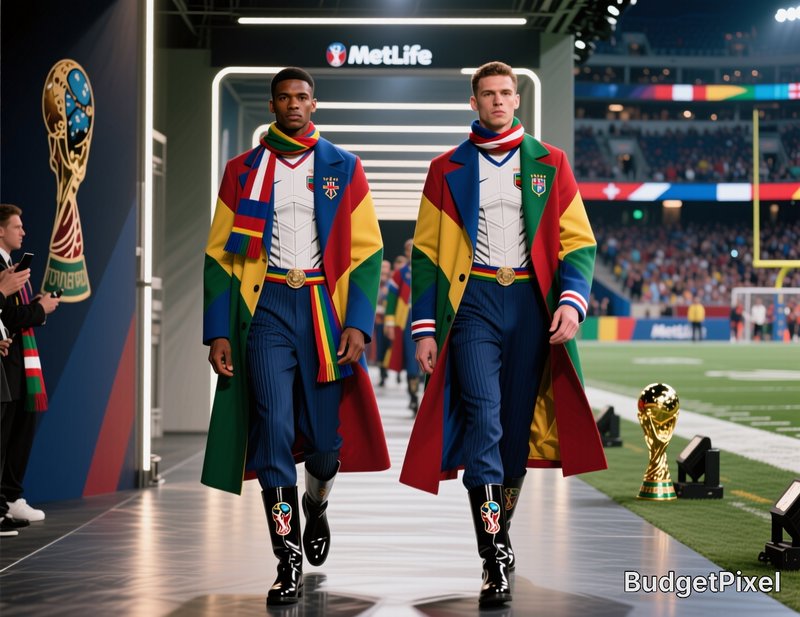 Two models in vibrant patchwork capes walk a stadium runway with the World Cup trophy visible on ...