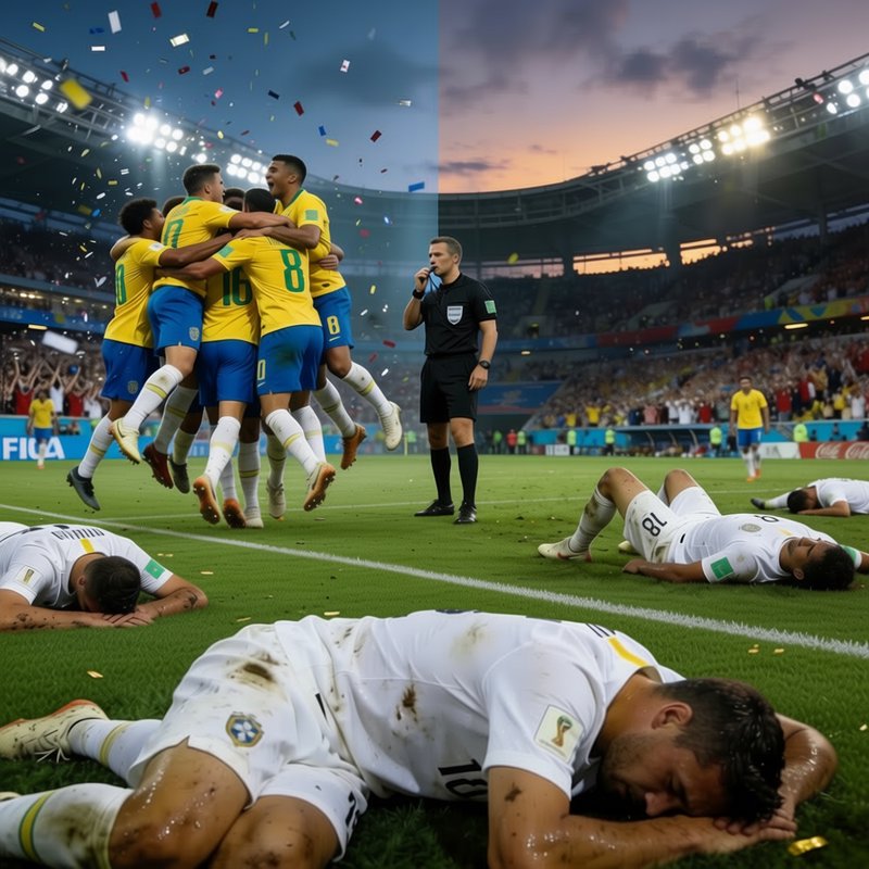Brazil soccer players in yellow celebrate hugging on the field while opponents lie on the grass; ...