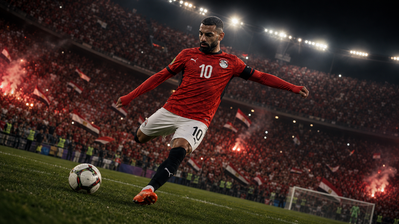 Soccer player in red jersey (number 10) kicking the ball in a packed stadium at night.
