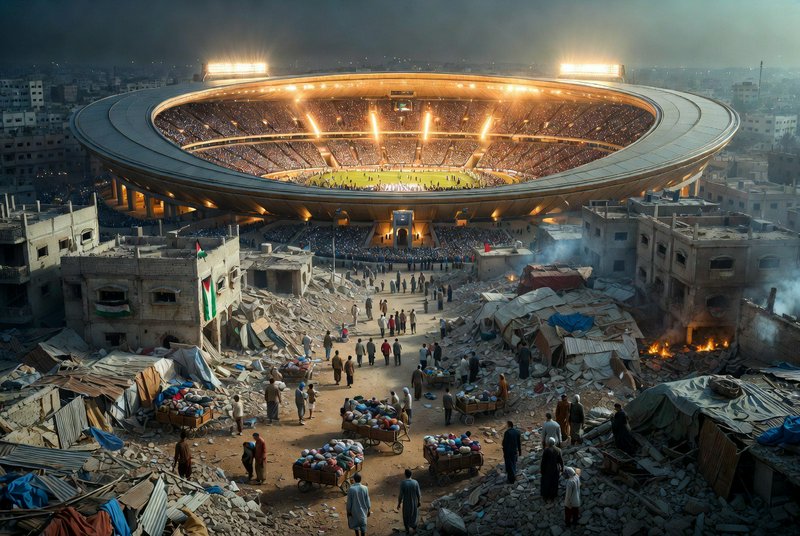 A futuristic stadium lit up at night overlooks a rubble-filled urban market below.