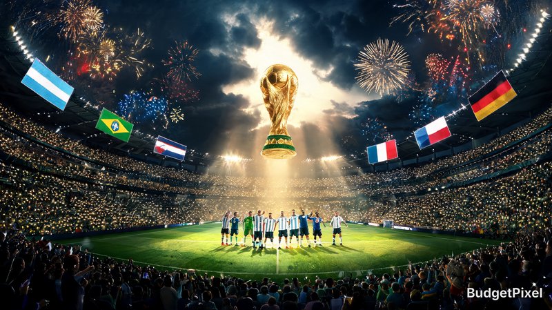 Soccer stadium celebration featuring the World Cup trophy, teams lined up on the field with flags...