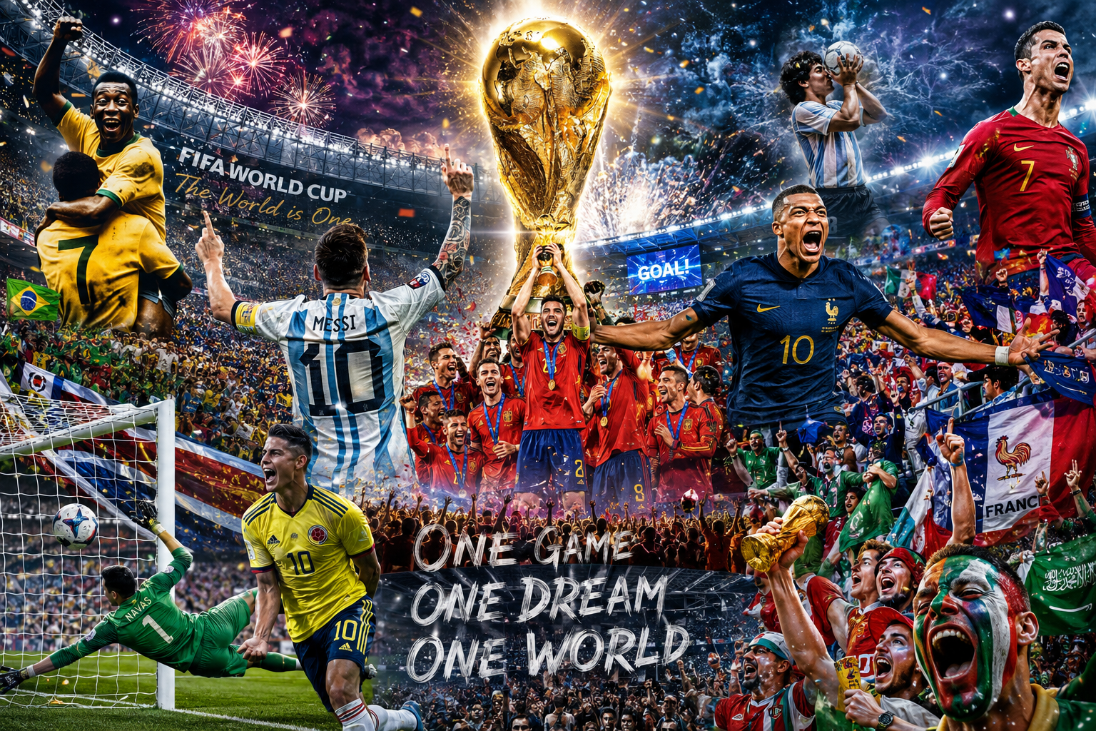World Cup celebration collage with players, trophy, and fireworks in a dramatic football scene.