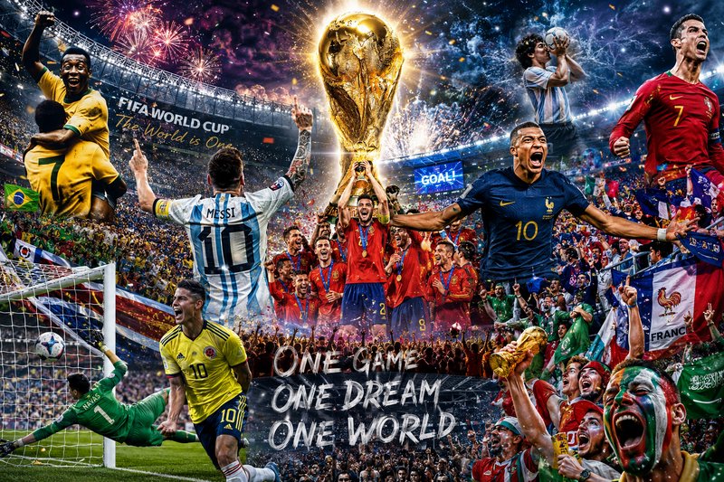 World Cup celebration collage with players, trophy, and fireworks in a dramatic football scene.