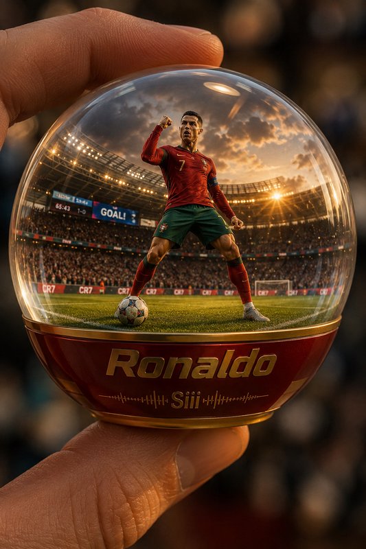 Soccer player in a red jersey with number 7 inside a glass ball held by a hand on a stadium field.