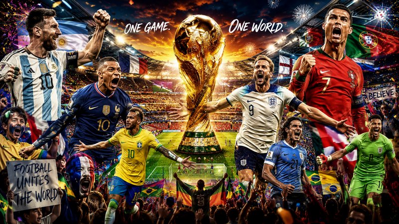 World Cup soccer collage featuring players, the trophy, and cheering fans.