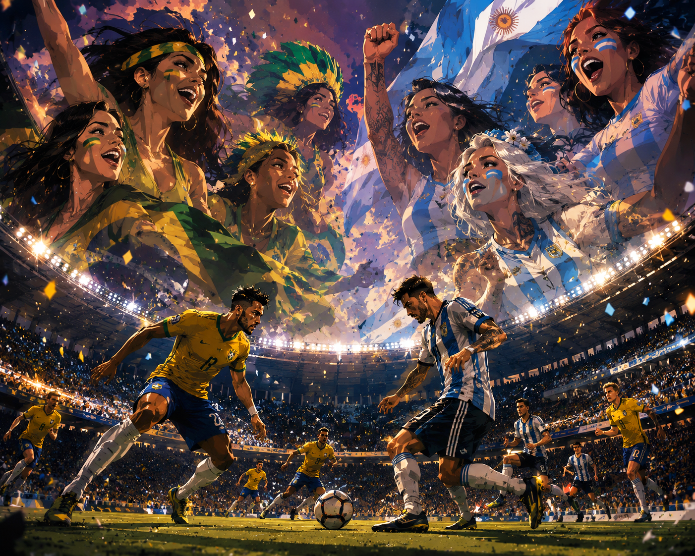 Dynamic soccer match in a packed stadium with yellow/Brazil and blue/white Argentina kits, dramatic fans above.