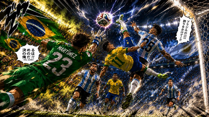 Action-packed soccer scene with a green-clad goalkeeper diving to block a high ball amid Argentin...