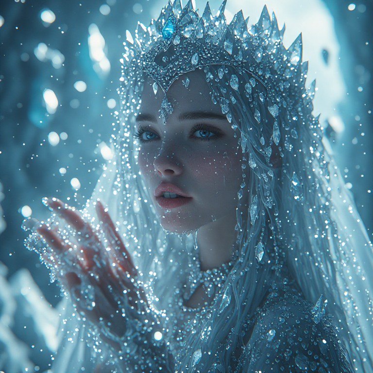 Fantasy ice queen with a spiked crystal crown catching falling snow in a misty, frosty arctic win...