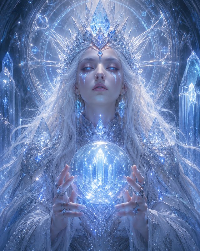 Ethereal ice queen with an icy crystal crown holds a glowing magical crystal orb in a mystical ar...