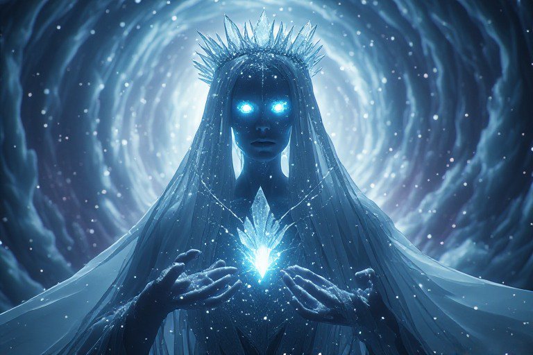 Glowing ice queen with a crystal crown holds a magical blue ice crystal in a swirling, snow-fille...