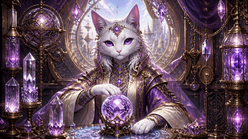 Anthropomorphic white cat sorceress with purple eyes in a magical wizard’s tower, touching a glowing amethyst crystal ball