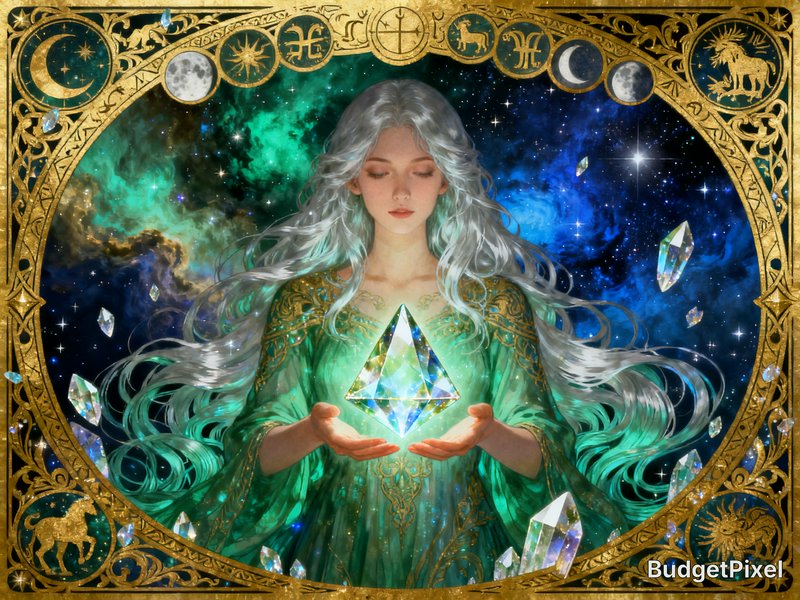Serene silver-haired mystical woman holding a glowing cosmic crystal, framed by an ornate gold zo...