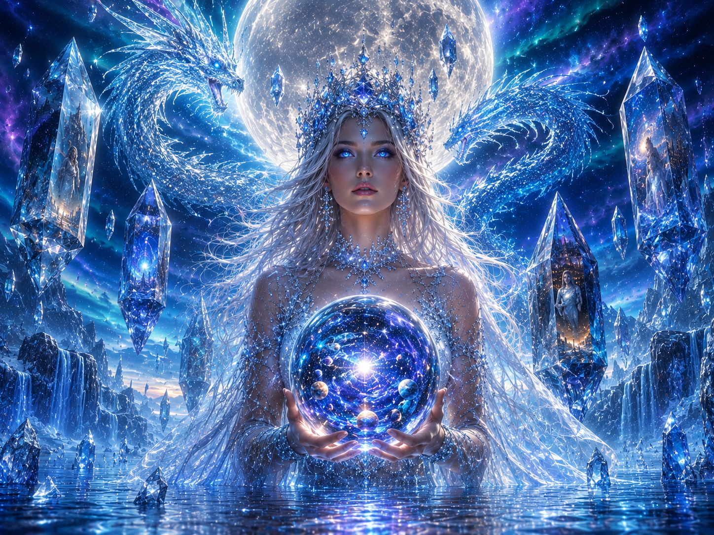 Magical ice queen with a jeweled crystal crown holds a glowing cosmic orb, flanked by ice dragons, under a full moon with ...