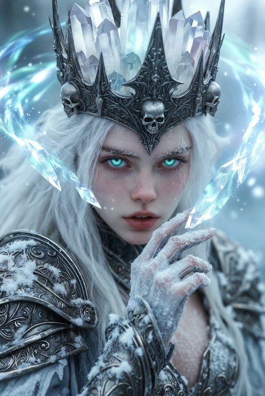 Fantasy ice queen with a skull-and-crystal crown, glowing cyan eyes, channeling floating ice magi...