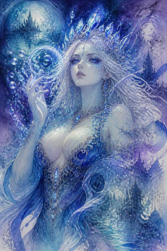 Ethereal fantasy watercolor ice queen with an icicle crown channeling water magic, with moonlit f...