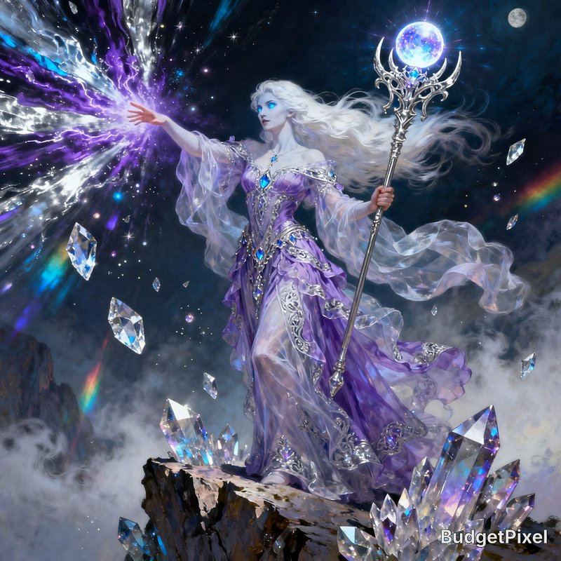 Ethereal white-haired sorceress casting purple cosmic magic on a mountain cliff, holding a crysta...