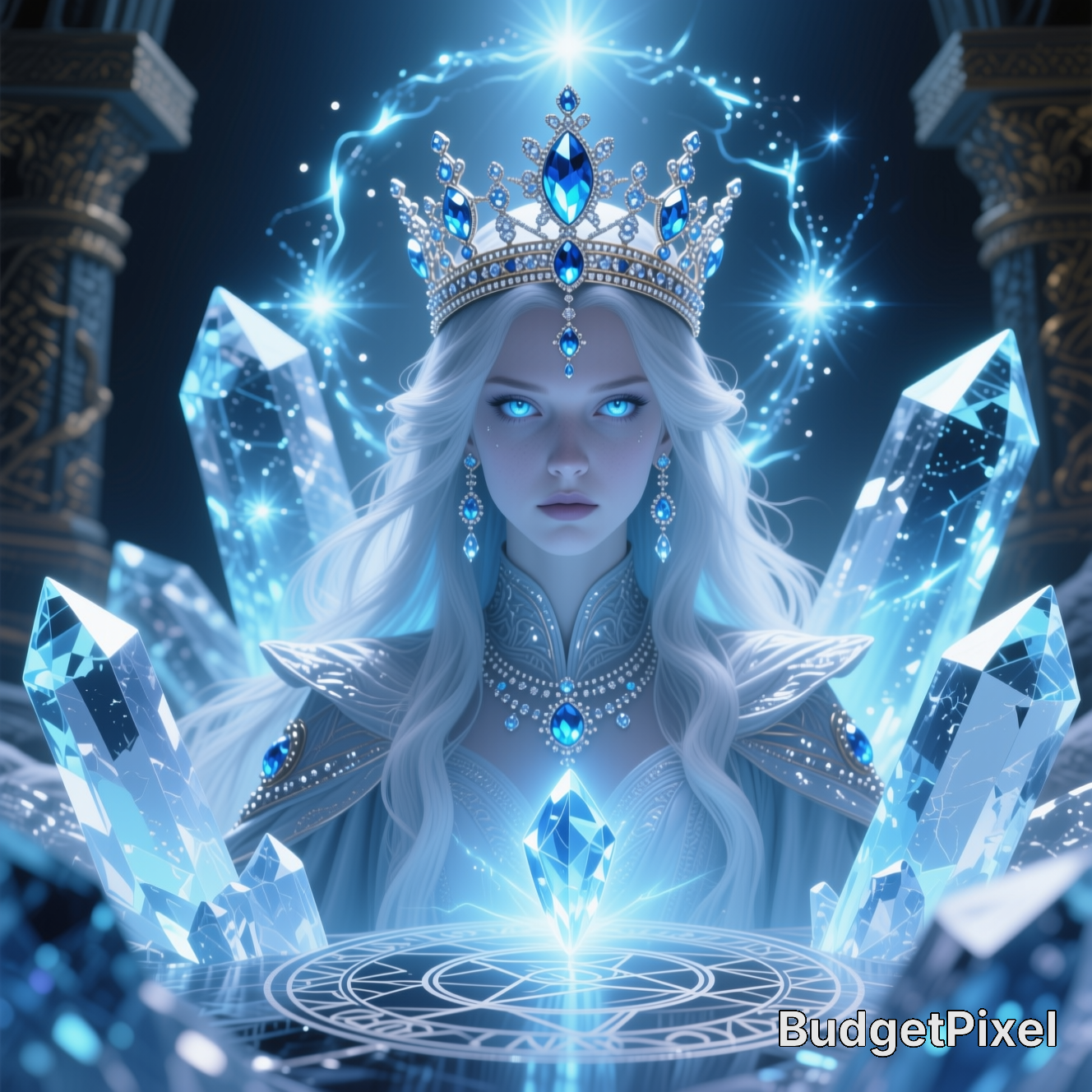 Fantasy ice queen with a sapphire crown, glowing blue magic, and crystal spires, over an arcane summoning circle in a dark...