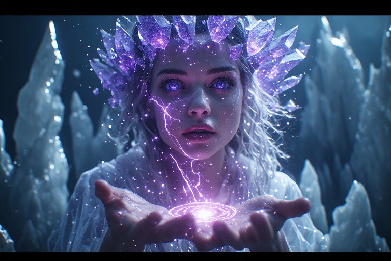 Mystical amethyst-crowned sorceress channels glowing purple magic from her cupped hands in a froz...